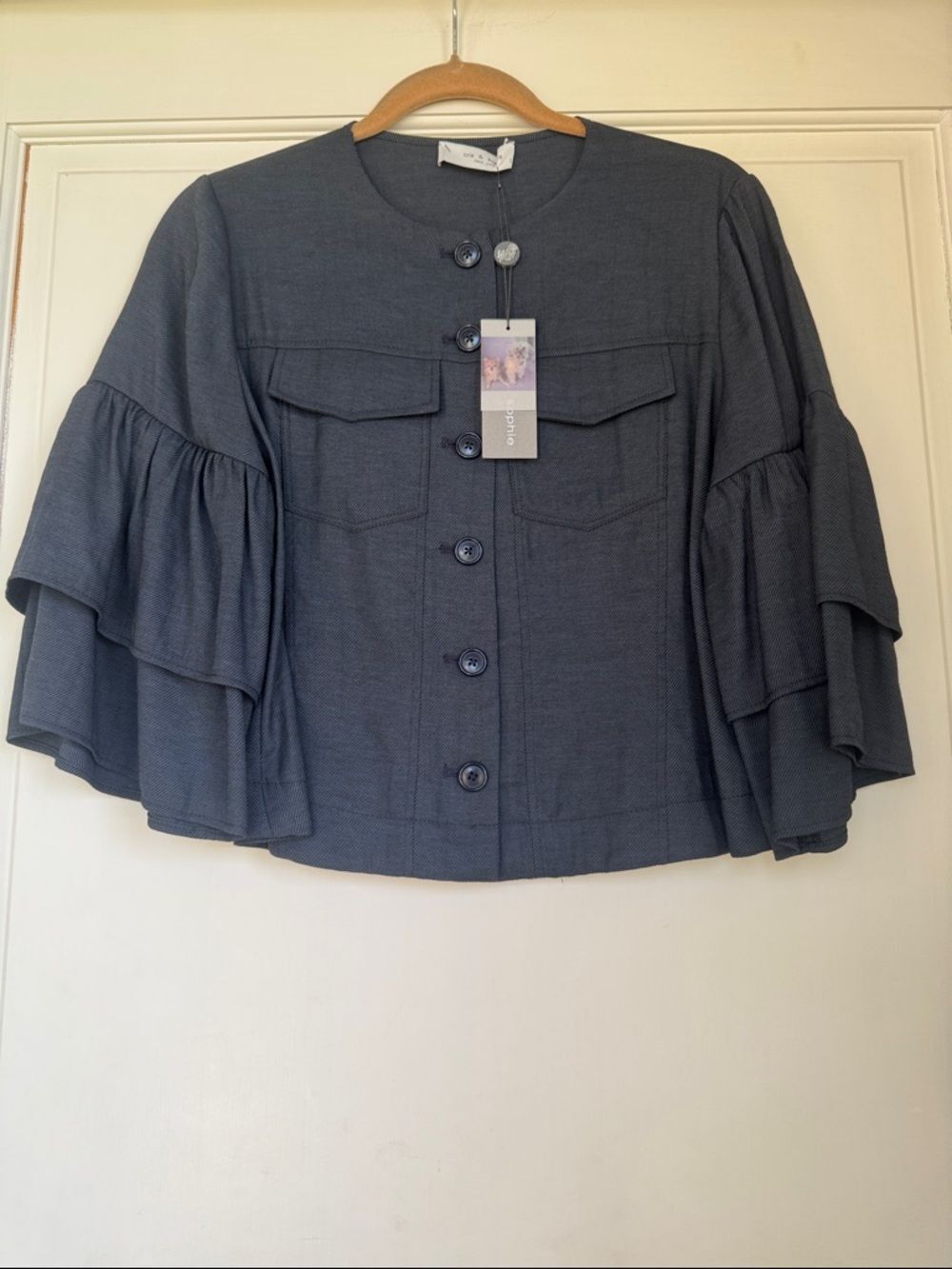 Ruffled Sleeve Button-Front Linen Blend Jacket in Dark Gray/Blue